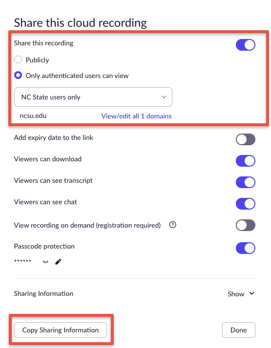Share this cloud recording settings dialog box