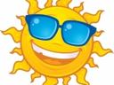 Cartoon yellow sun with blue sunglasses and open mouth showing teeth