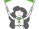 An illustration of a child with long hair holding a 4-H banner above their head. 