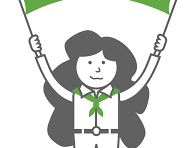 An illustration of a child with long hair holding a 4-H banner above their head. 