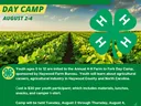 4-H FARM TO FORK DAY CAMP — AUGUST 2–4; soybean field background with large 4‑H clover