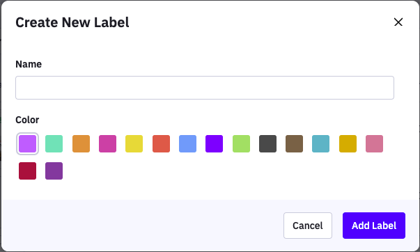 Create New Label dialog with Name field, color swatches, and buttons "Cancel" and "Add Label"