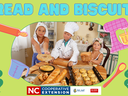 Three children baking breads and rolls at a table; text "BREAD AND BISCUITS" and NC Cooperative Extension logo