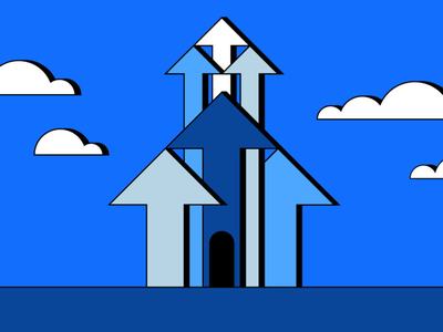 Stylized house formed by upward-pointing arrows against blue sky with clouds.