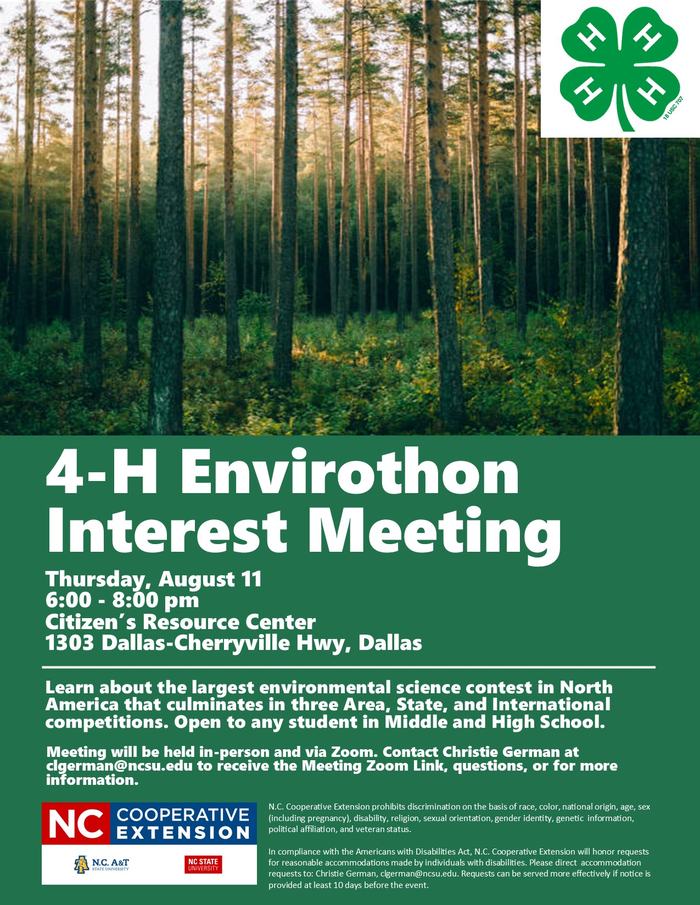 4-H Envirothon Interest Meeting, Thursday, August 11. 6:00 – 8:00 p.m. Citizen's Resource Center