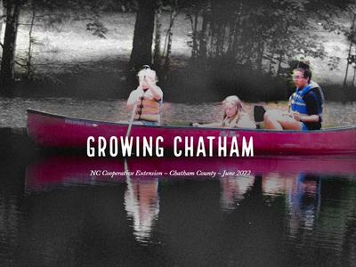 Three people in a red canoe on a lake with reflection; text "GROWING CHATHAM"