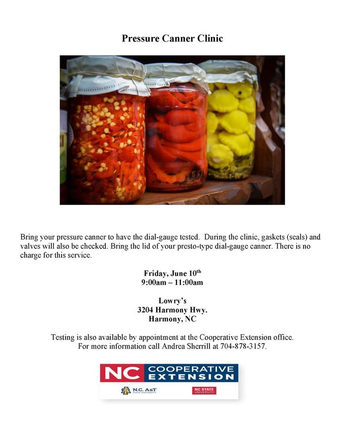 Bring your pressure canner to have the dial-gauge tested.  During the clinic, gaskets (seals) and valves will also be checked. Bring the lid of your presto-type dial-gauge canner. There is no charge for this service.