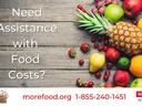 Assorted fruit on wood, text "Need Assistance with Food Costs?" and "morefood.org 1-855-240-1451"