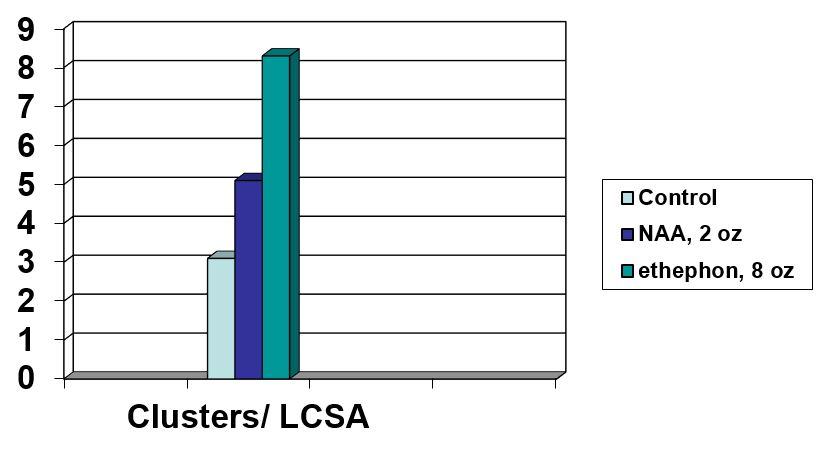 In a comparison of return bloom programs, NAA and ethephon) increased blossom cluster density relative to the control (doing nothing). While both materials were effective, low-dose ethephon was a stronger promoter of return bloom when compared to NAA. 