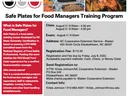 Safe Plates for Food Managers training flyer — class/exam dates, address, $115 fee, contact.