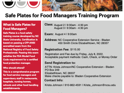 Safe Plates for Food Managers training flyer — class/exam dates, address, $115 fee, contact.