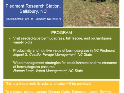 Forage Field Day, July 15th, 2022. 9 a.m. - 12 p.m. at Piedmont Research Station, Salisbury, NC.