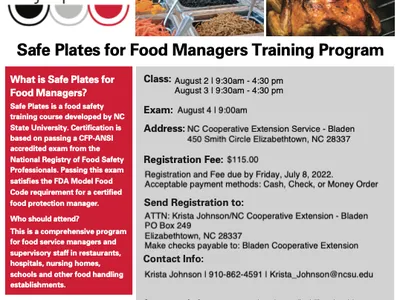 Safe Plates for Food Managers training flyer — class/exam dates, address, $115 fee, contact.