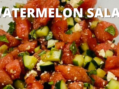Watermelon salad with cucumber and feta, and large text "WATERMELON SALAD" at top