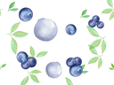 Blueberries and green leaves scattered on a black background