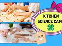 Children rolling dough and shaping cookies and pizza; text "KITCHEN SCIENCE CAMP" with 4-H clover