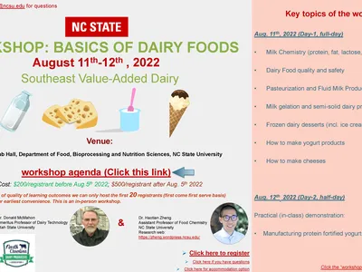 Workshop: Basics of Dairy Foods. August 11–12, 2022. Room 103, Schaub Hall, Department of Food, Bioprocessing and Nutrition Sciences, NC State University. Cost: $200/registrant before Aug. 5th 2022; $500/registrant after Aug. 5th 2022