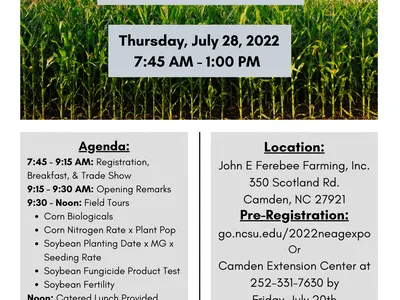 Northeast Ag Expo Summer Field Day — Thursday, July 28, 2022, 7:45 AM–1:00 PM; Camden, NC