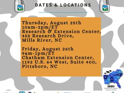 Dates & locations: Aug 25, 10am–2pm ET Mills River, NC; Aug 26, 9am–1pm ET Pittsboro, NC