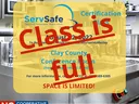 ServSafe flyer over kitchen background with red stamped text "Class is Full" and NC Cooperative Extension logo
