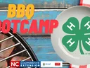BBQ BOOTCAMP text over grill coals and 4‑H clover on plate, NC Cooperative Extension logos