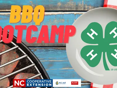 BBQ BOOTCAMP text over grill coals and 4‑H clover on plate, NC Cooperative Extension logos