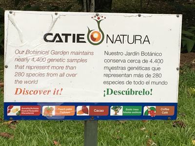 CATIE NATURA sign: botanical garden maintains nearly 4,400 genetic samples; "Discover it!"