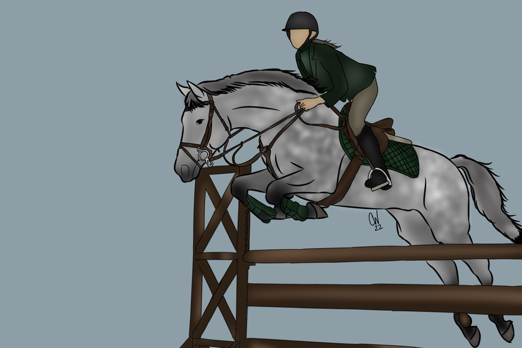 A digital painting of a person on a horse jumping over an obstacle. 