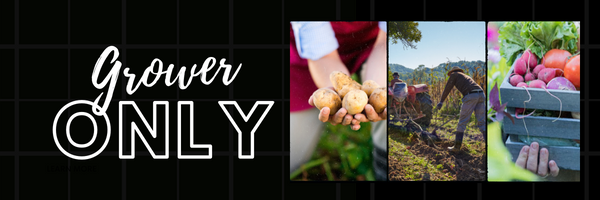 Grower ONLY text with hands holding potatoes, person harvesting in field, and a crate of produce