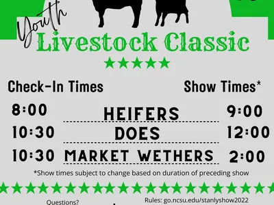 Stanly County Youth Livestock Classic — Saturday August 20; check-in 8:00–10:30; shows 9:00–2:00