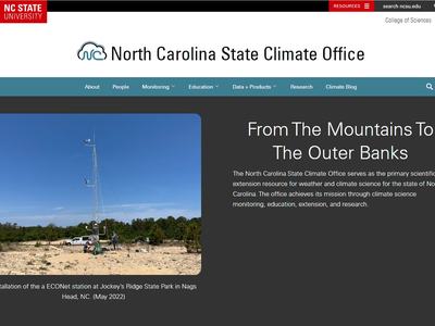 NC State Climate Office header; technicians installing a coastal weather station