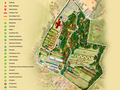 A map displaying numerous trails through a mixture of jungle, gardens and greenhouses. 