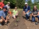 Six volunteers kneeling around a newly planted garden bed with seedlings and a drip irrigation line