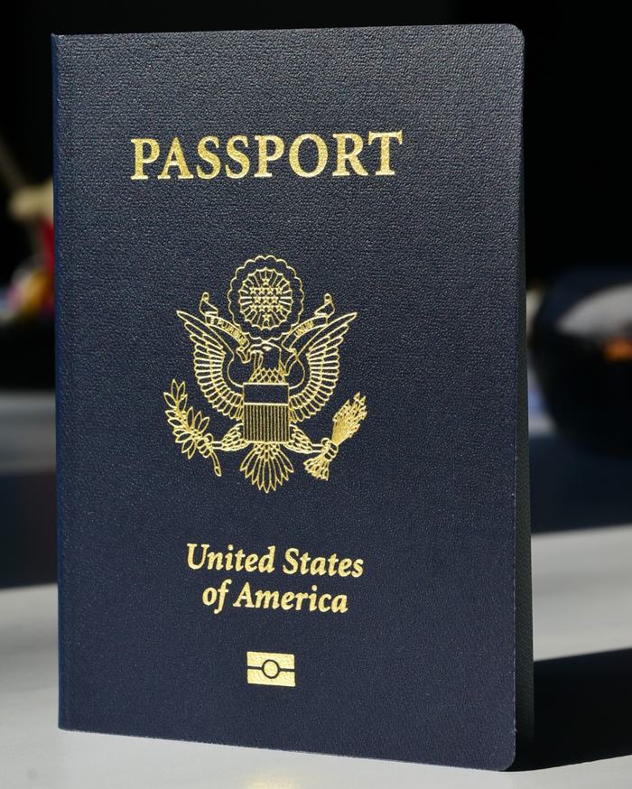 Blue U.S. passport cover with gold seal, text "PASSPORT" and "United States of America"