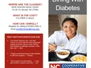 Woman eating cereal with orange slices beside "Dining With Diabetes" NC Cooperative Extension brochure
