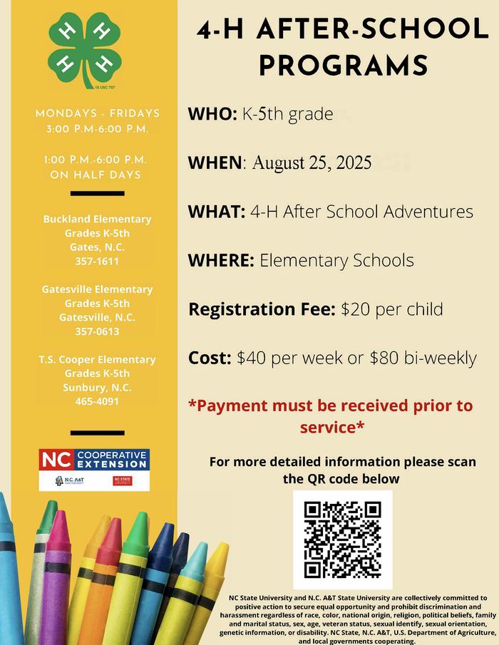 4-H After-School Programs flyer — K–5th, starts Aug 25, 2025; $20 reg; $40/week; QR code