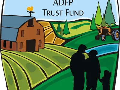North Carolina ADFP Trust Fund logo — farm with barn, tractor, fields and family silhouettes