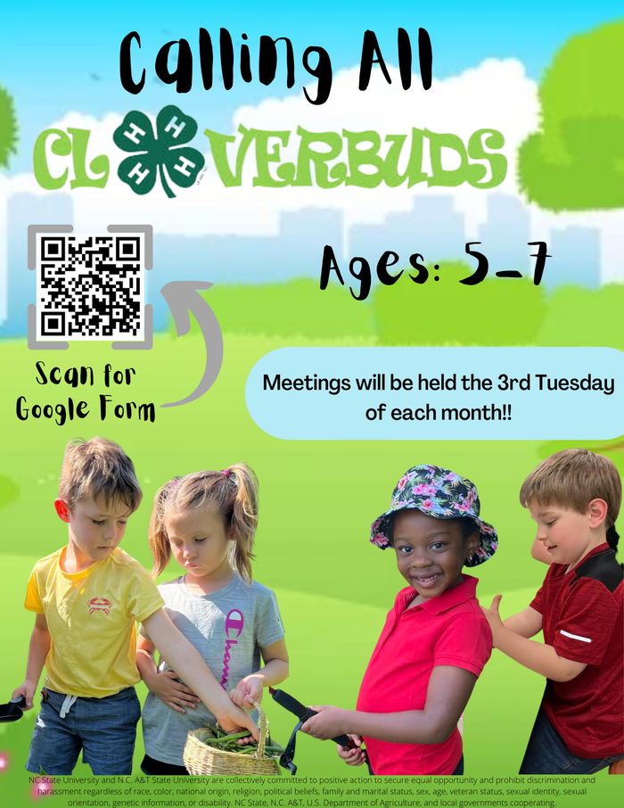 Calling All Cloverbuds banner, Ages: 5-7, QR code labeled "Scan for Google Form", children with basket