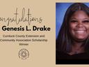 Text congratulating Genesis Drake on winner the ECA Scholarship. School photo of Genesis Drake.