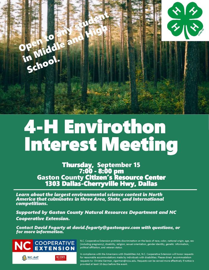 4-H Envirothon Interest Meeting Flyer for Gaston County