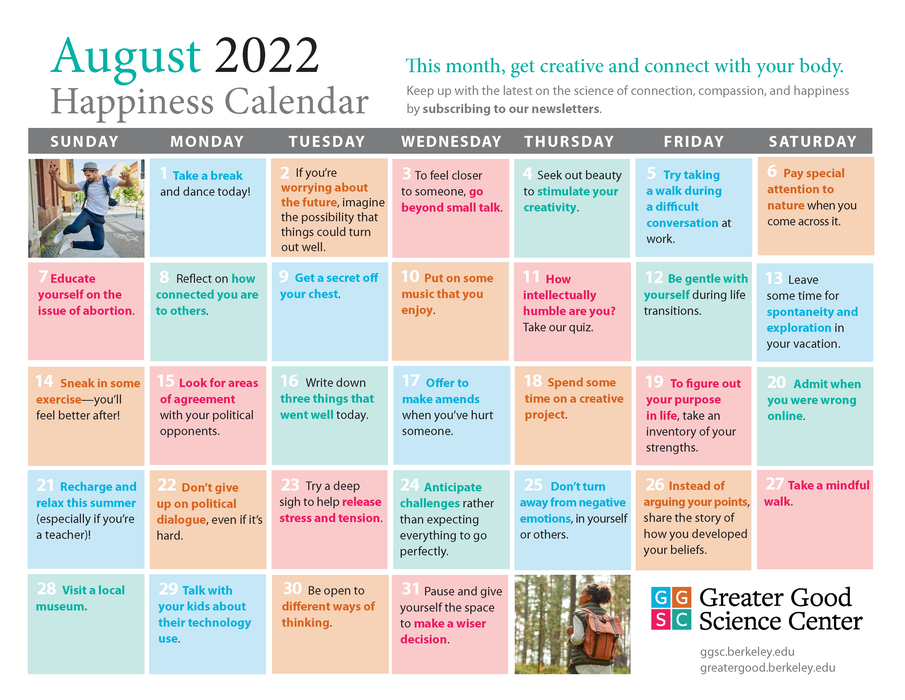 August 2022 Happiness Calendar