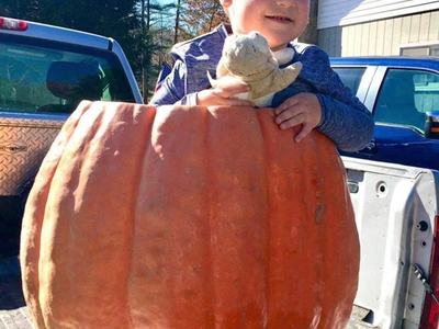 Child sitting in giant pumpkin