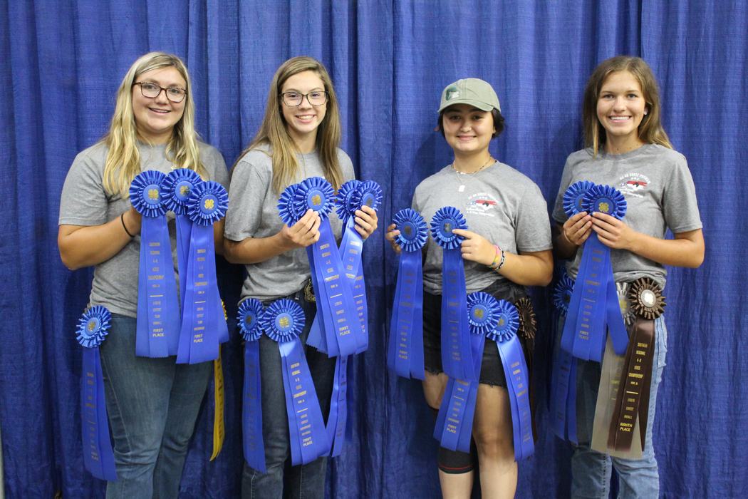 Four young people holding multiple blue first-place ribbons in front of a blue curtain