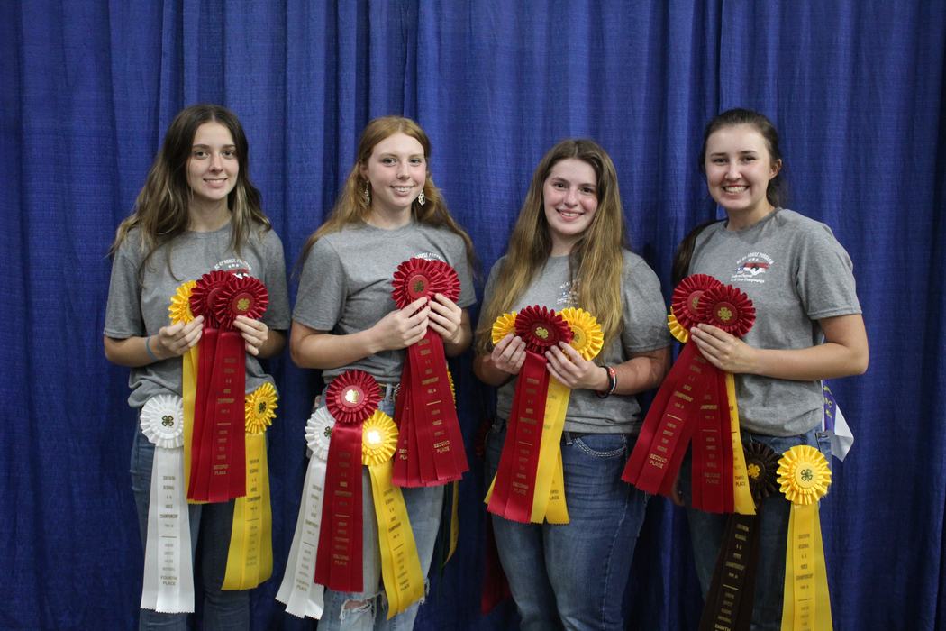 Four young people holding multiple award ribbons standing in front of blue curtain