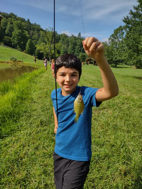Child holding a fishing rod and small fish caught beside a grassy pond