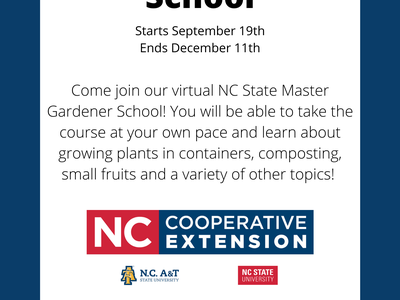 Master Gardener School, Sept 19–Dec 11. NC Extension. Fee $110. Call 704-983-3987