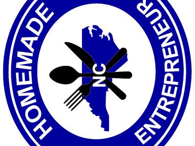 Blue circular seal "HOMEMADE ENTREPRENEUR" with crossed spoon, fork, knife over "NC"