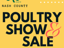 Rooster head beside yellow poster reading "Nash County Poultry Show & Sale" with 4‑H clover