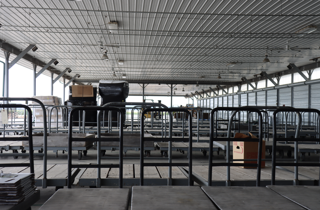 Trolleys sit in a line ready for an auction.