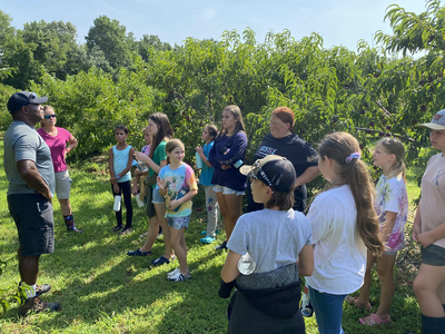 Children and adults listening to an instructor in a peach orchard